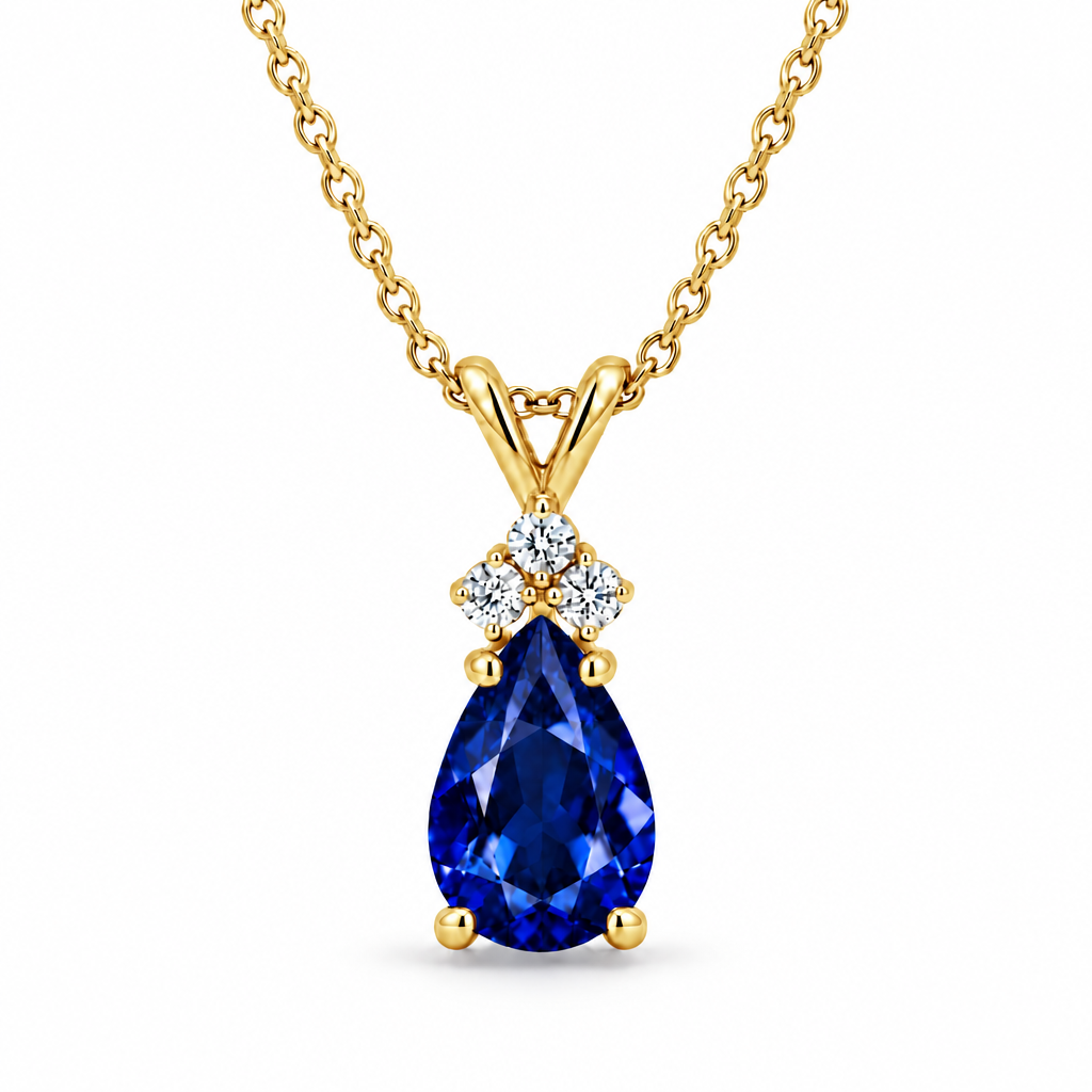 Pear Lab Blue Sapphire & Lab Diamond Solitaire Pendant 14k Yellow Gold (1.05ct)