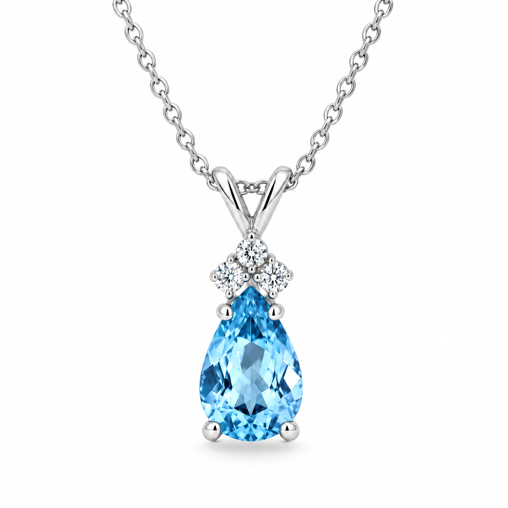 Pear Blue Topaz & Diamond Solitaire Pendant 14k White Gold (1.05ct)