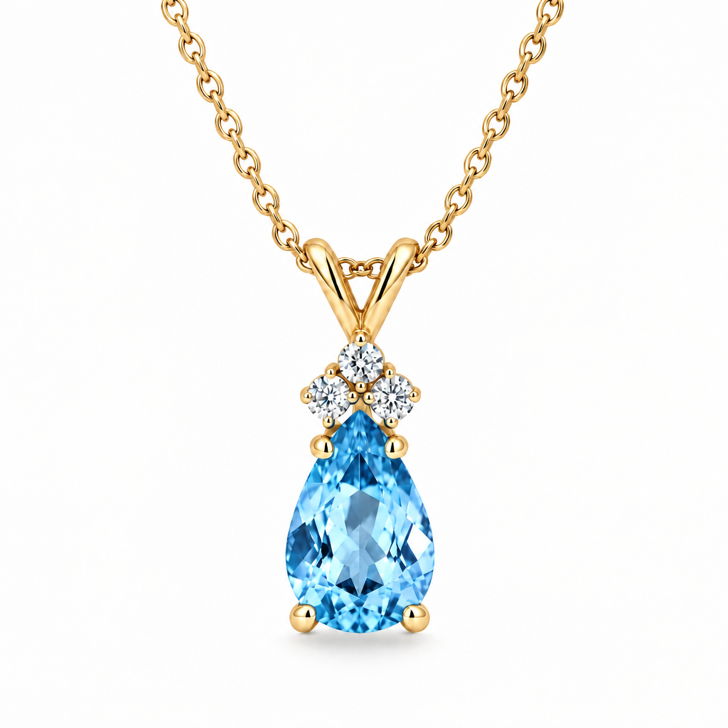 Pear Blue Topaz & Diamond Solitaire Pendant 14k Yellow Gold (1.05ct)
