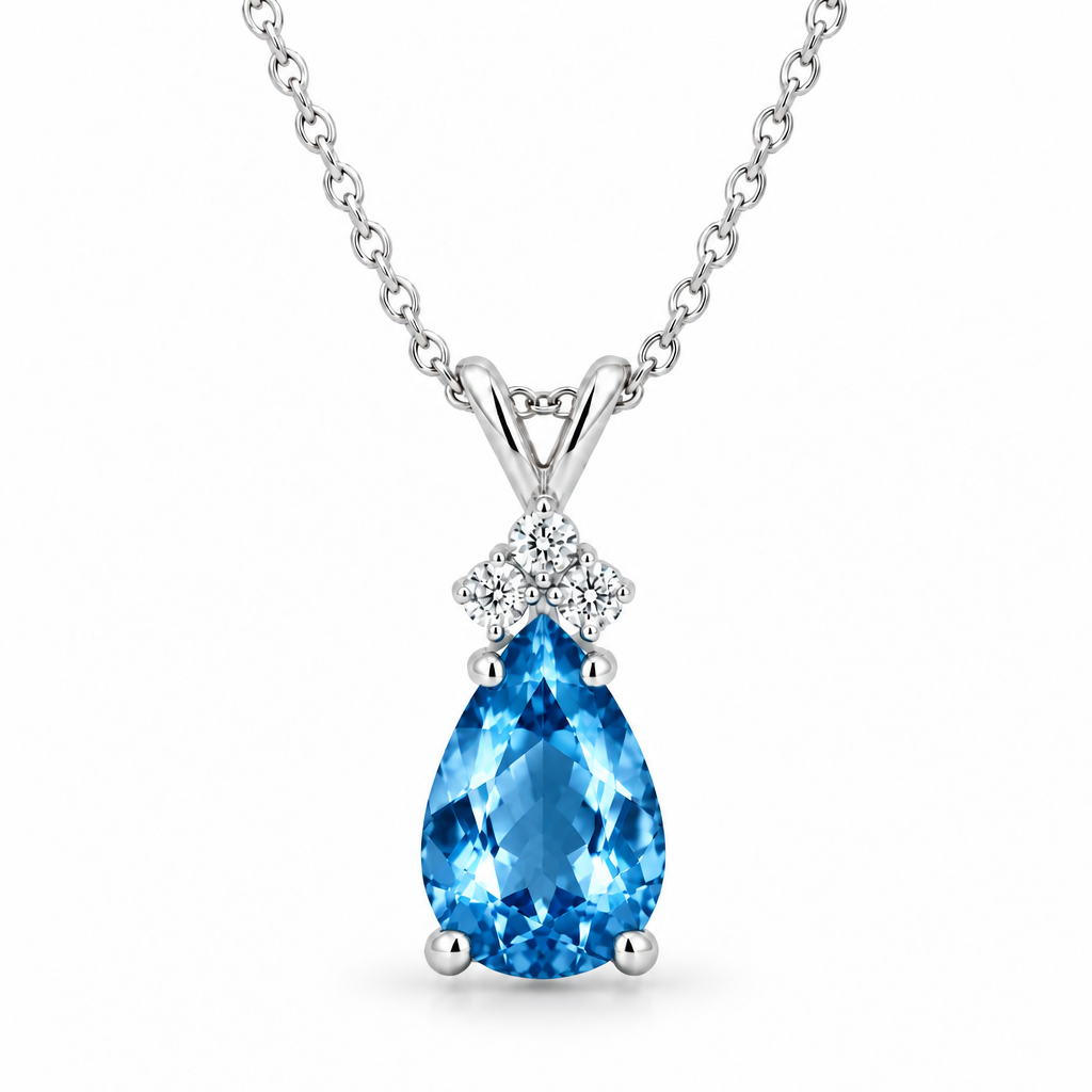 Pear Blue Topaz & Diamond Solitaire Pendant 14k White Gold (2.05ct)