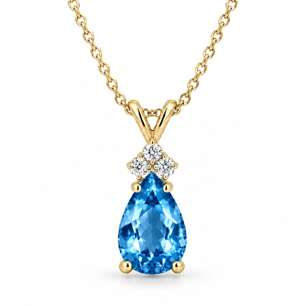 Pear Blue Topaz & Diamond Solitaire Pendant 14k Yellow Gold (2.05ct)