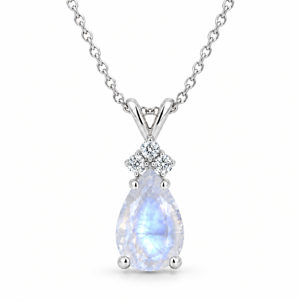 Pear Moonstone & Diamond Solitaire Pendant 14k White Gold (2.05ct)