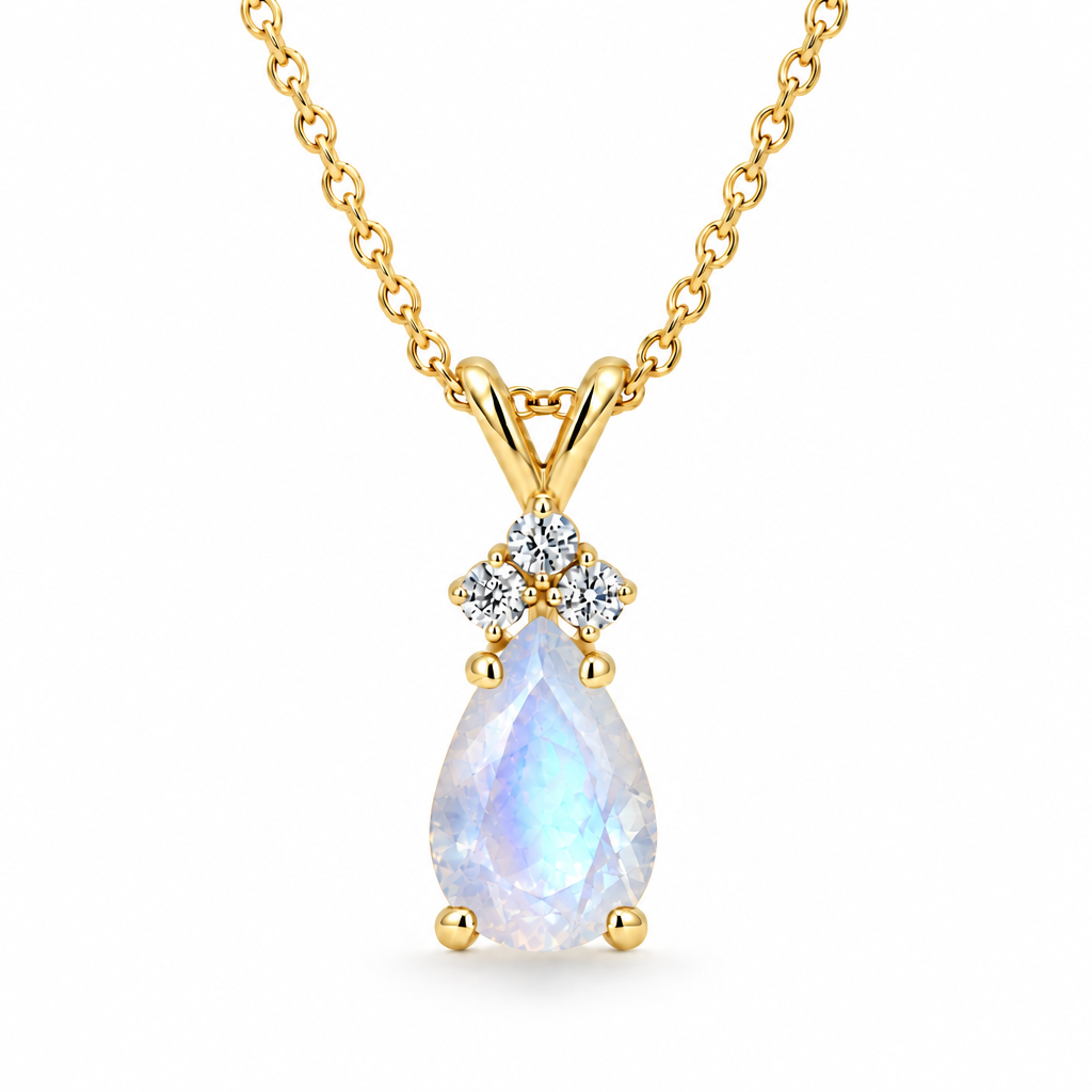 Pear Lab Moonstone & Lab Diamond Solitaire Pendant 14k Yellow Gold (1.05ct)