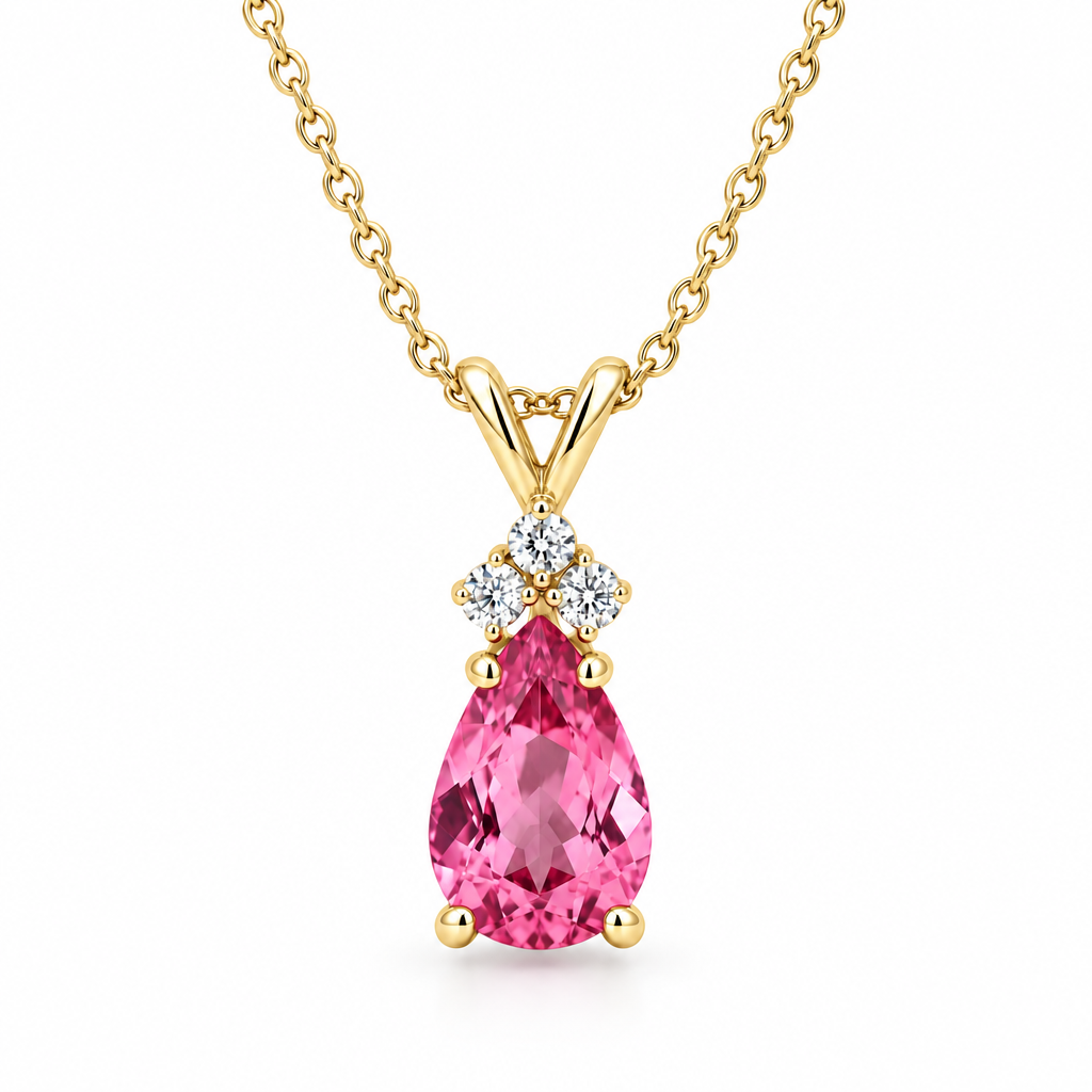 Pear Lab Pink Sapphire & Lab Diamond Solitaire Pendant 14k Yellow Gold (1.05ct)