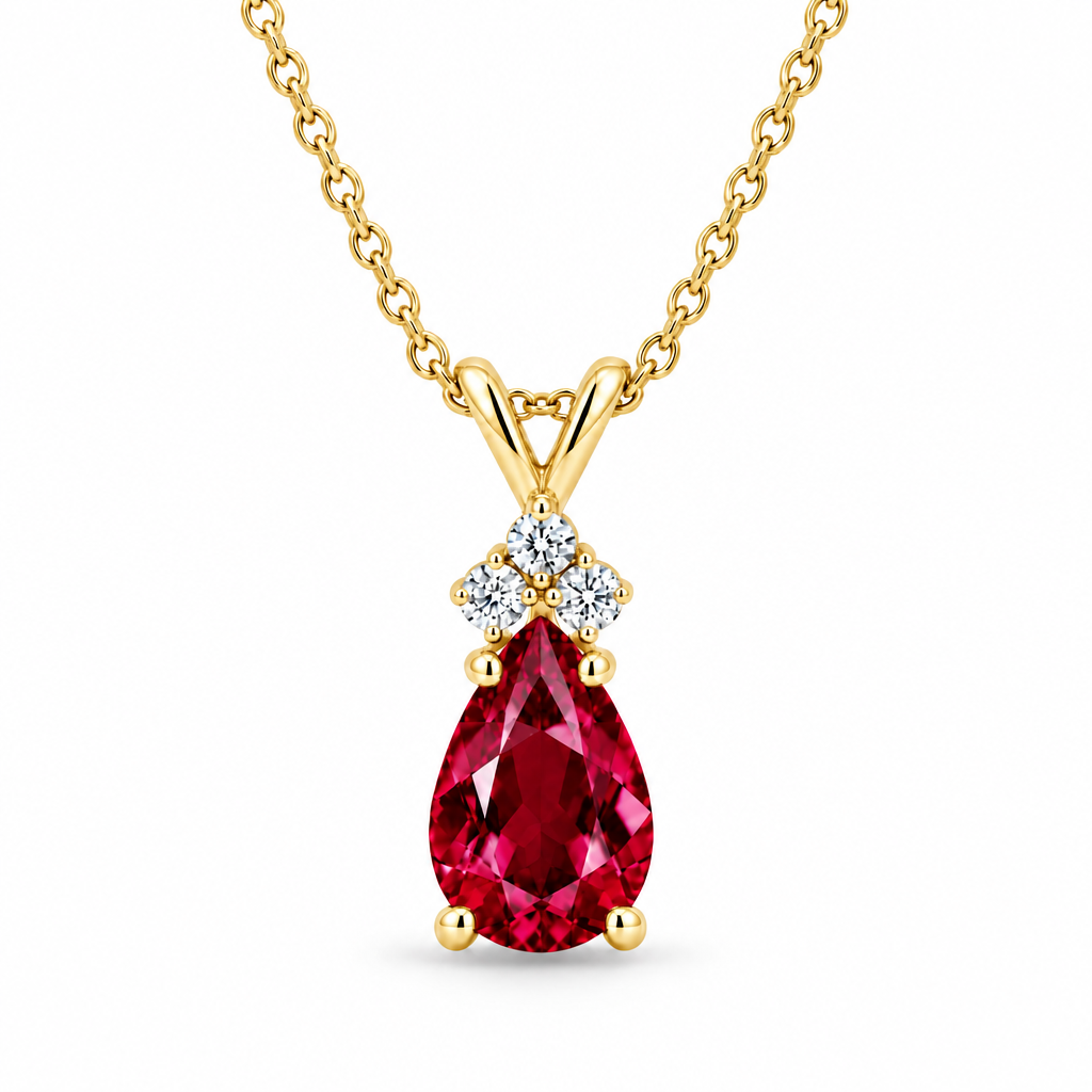 Pear Lab Ruby & Lab Diamond Solitaire Pendant Necklace 14k Yellow Gold (1.05ct)
