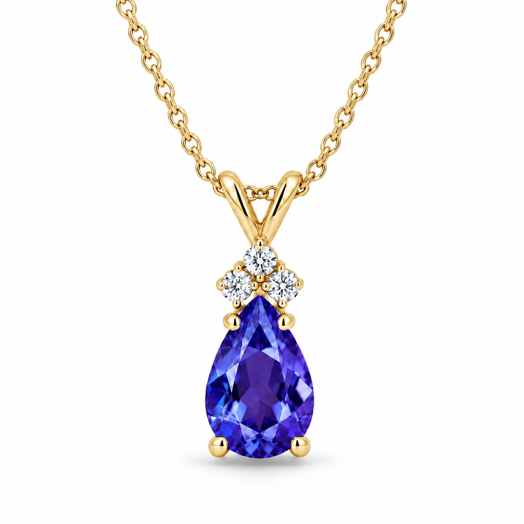Pear Lab Tanzanite & Lab Diamond Solitaire Pendant 14k Yellow Gold (1.05ct)