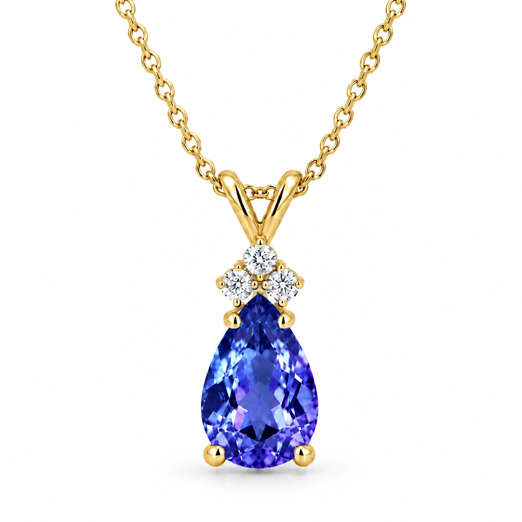 Pear Lab Tanzanite & Lab Diamond Solitaire Pendant 14k Yellow Gold (2.05ct)