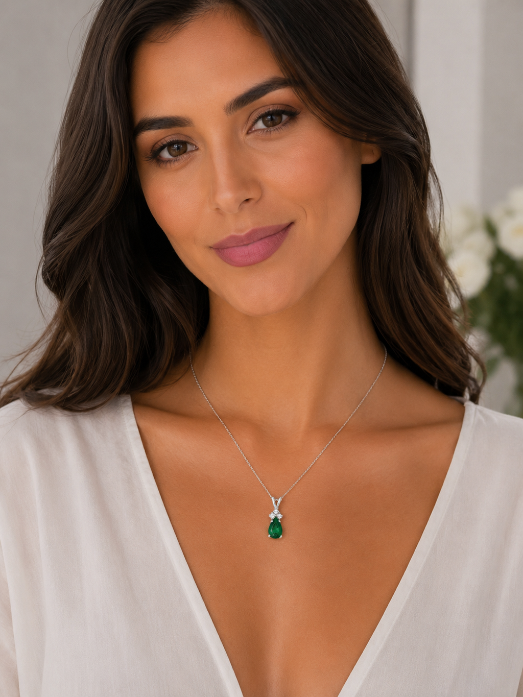 Pear Lab Emerald & Lab Diamond Solitaire Pendant 14k White Gold (0.75ct)