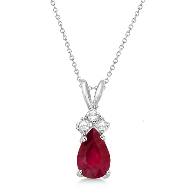 Pear Lab Ruby & Lab Grown Diamond Solitaire Pendant Necklace 14k White Gold (0.75ct)