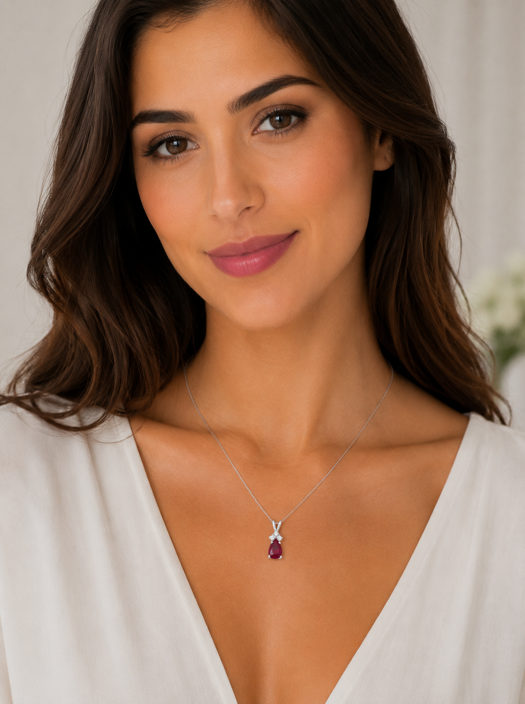 Pear Lab Ruby & Lab Diamond Solitaire Pendant Necklace 14k White Gold (0.75ct)