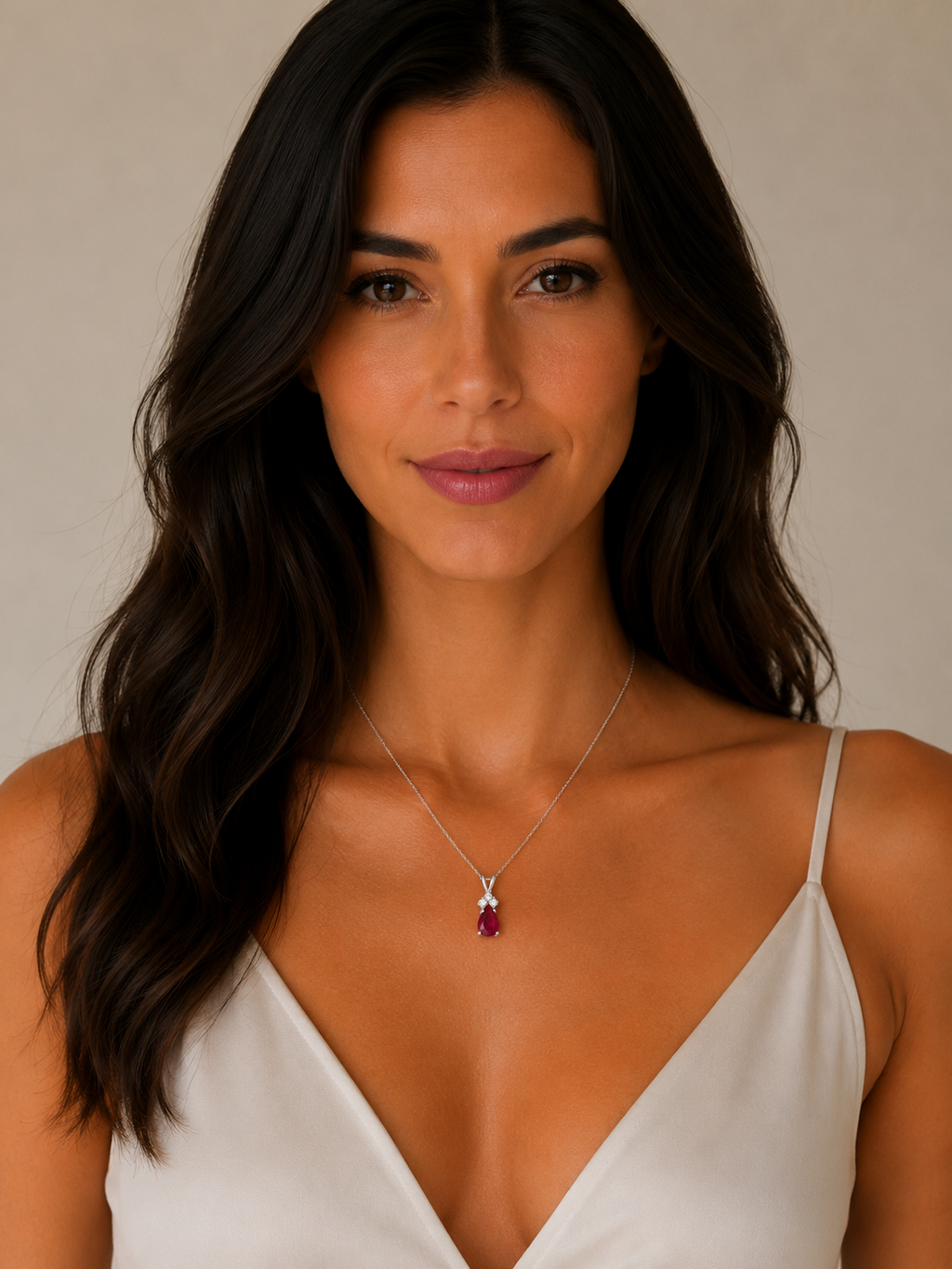 Pear Ruby & Diamond Solitaire Pendant Necklace 14k White Gold (0.75ct)