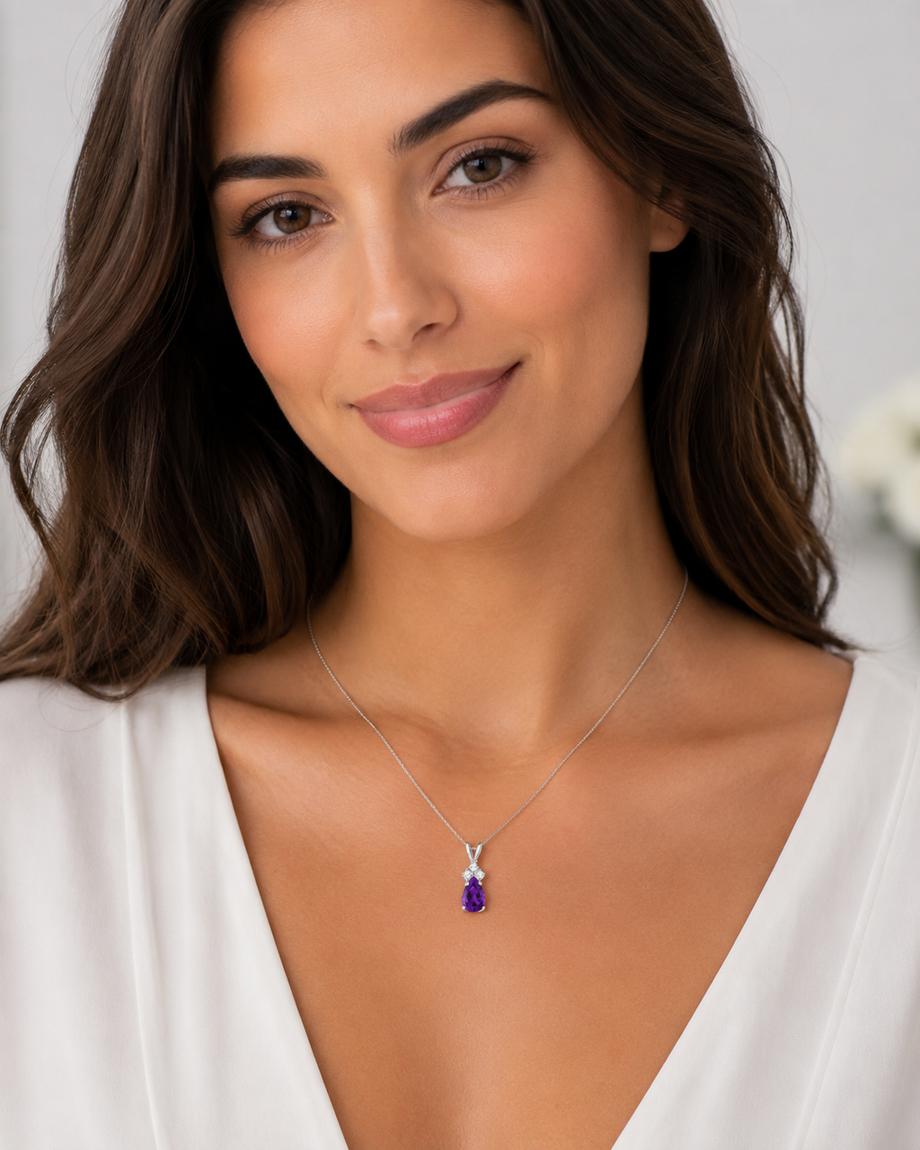 Pear Lab Amethyst & Lab Diamond Solitaire Pendant 14k White Gold (0.75ct)