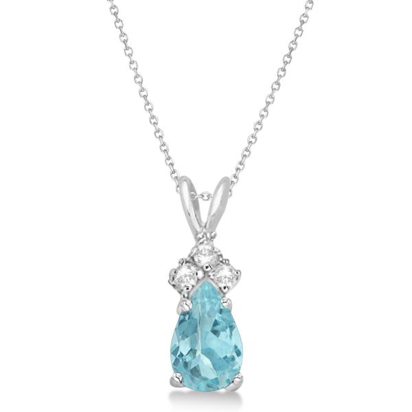 Pear Lab Aquamarine & Lab Grown Diamond Solitaire Pendant 14k White Gold (0.75ct)