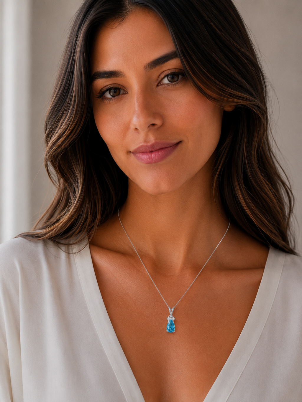 Pear Lab Blue Topaz & Lab Diamond Solitaire Pendant 14k White Gold (0.75ct)