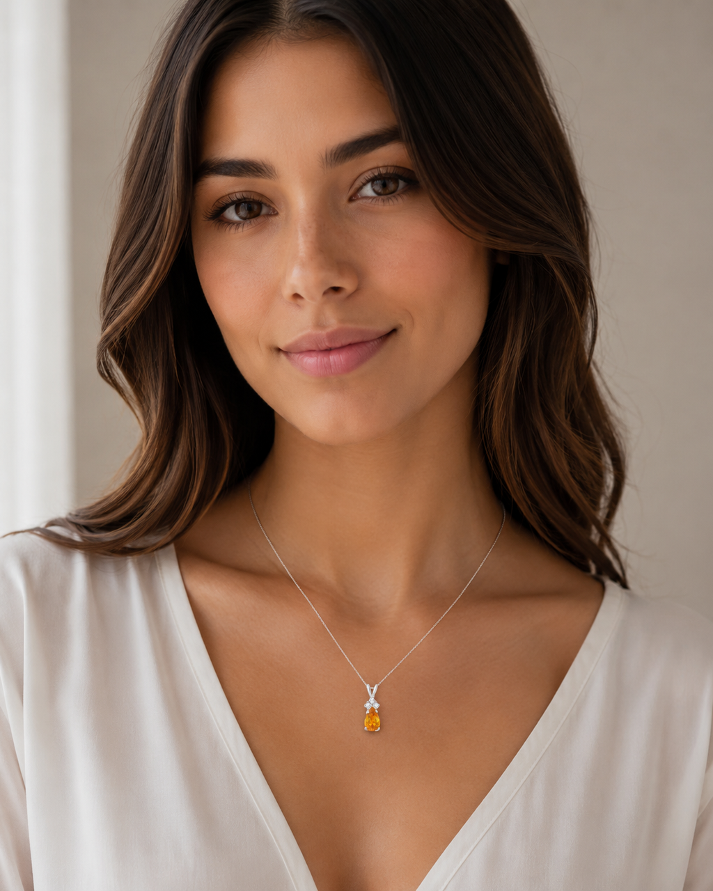 Pear Lab Citrine & Lab Diamond Solitaire Pendant 14k White Gold (0.75ct)