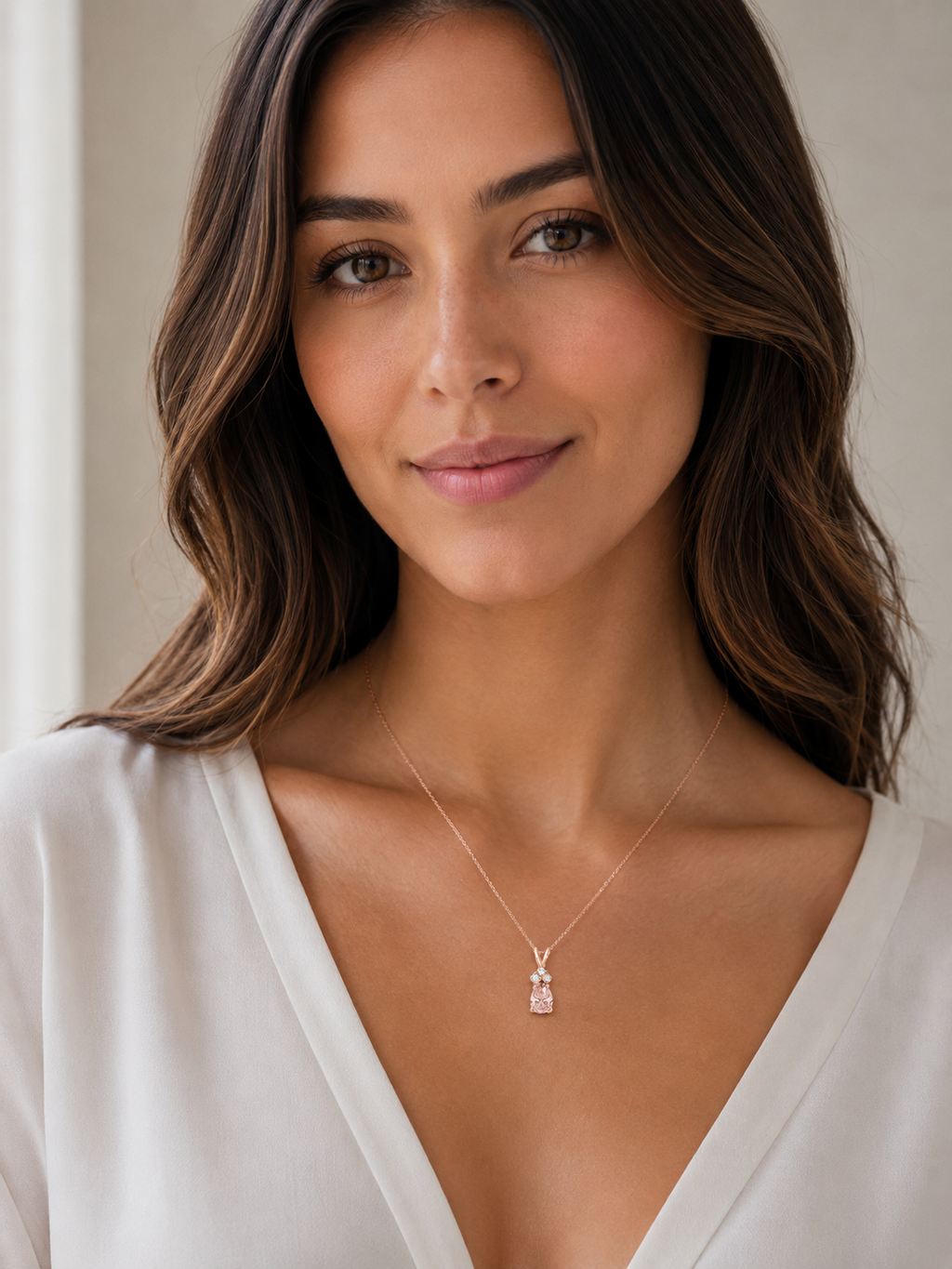 Pear Lab Morganite & Lab Diamond Solitaire Pendant 14k Rose Gold (0.75ct)