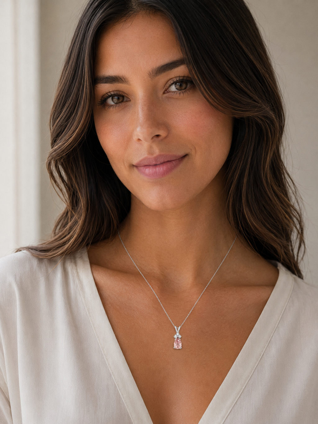 Pear Lab Morganite & Lab Diamond Solitaire Pendant 14k White Gold (0.75ct)