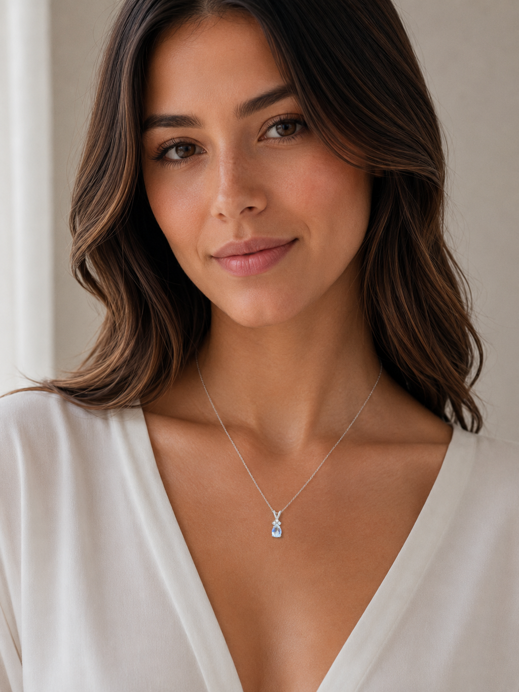Pear Lab Moonstone & Lab Diamond Solitaire Pendant 14k White Gold (0.75ct)