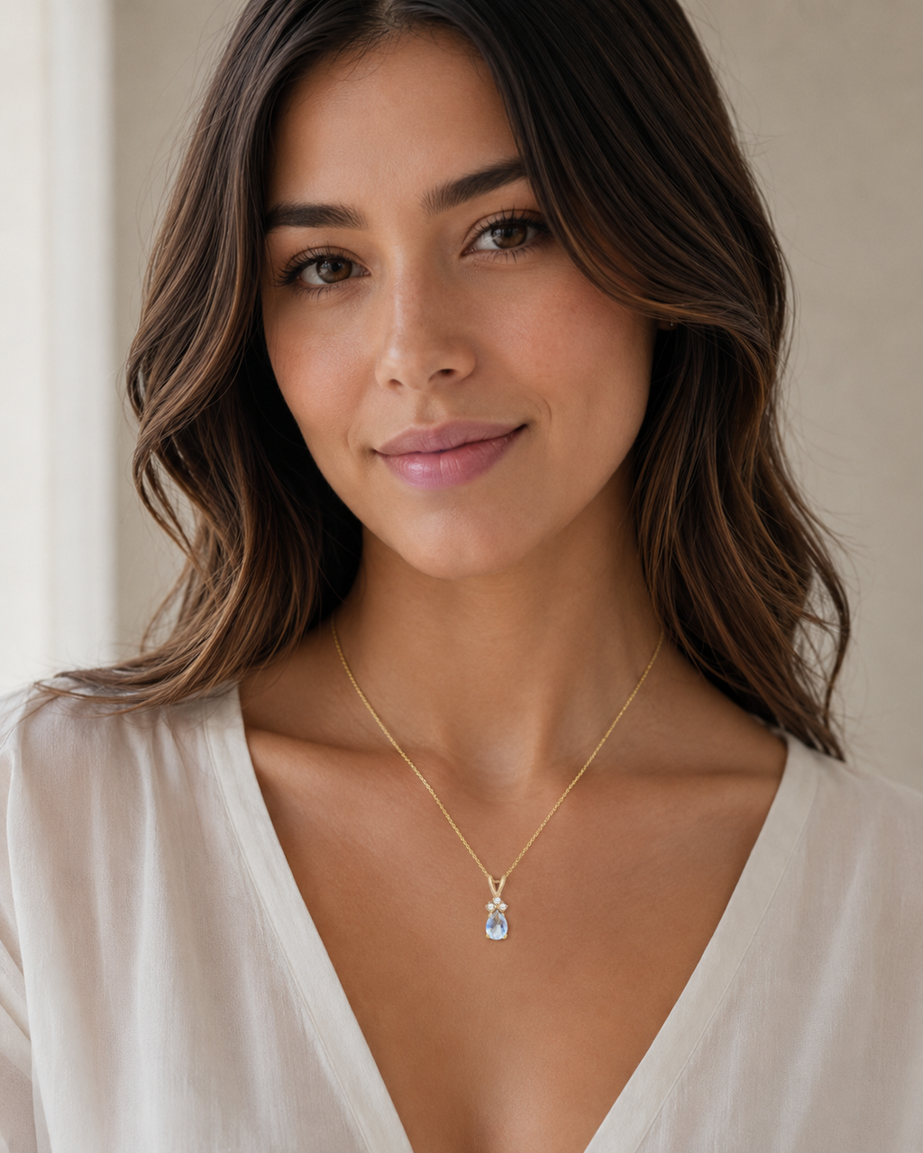 Pear Lab Moonstone & Lab Diamond Solitaire Pendant 14k Yellow Gold (0.75ct)