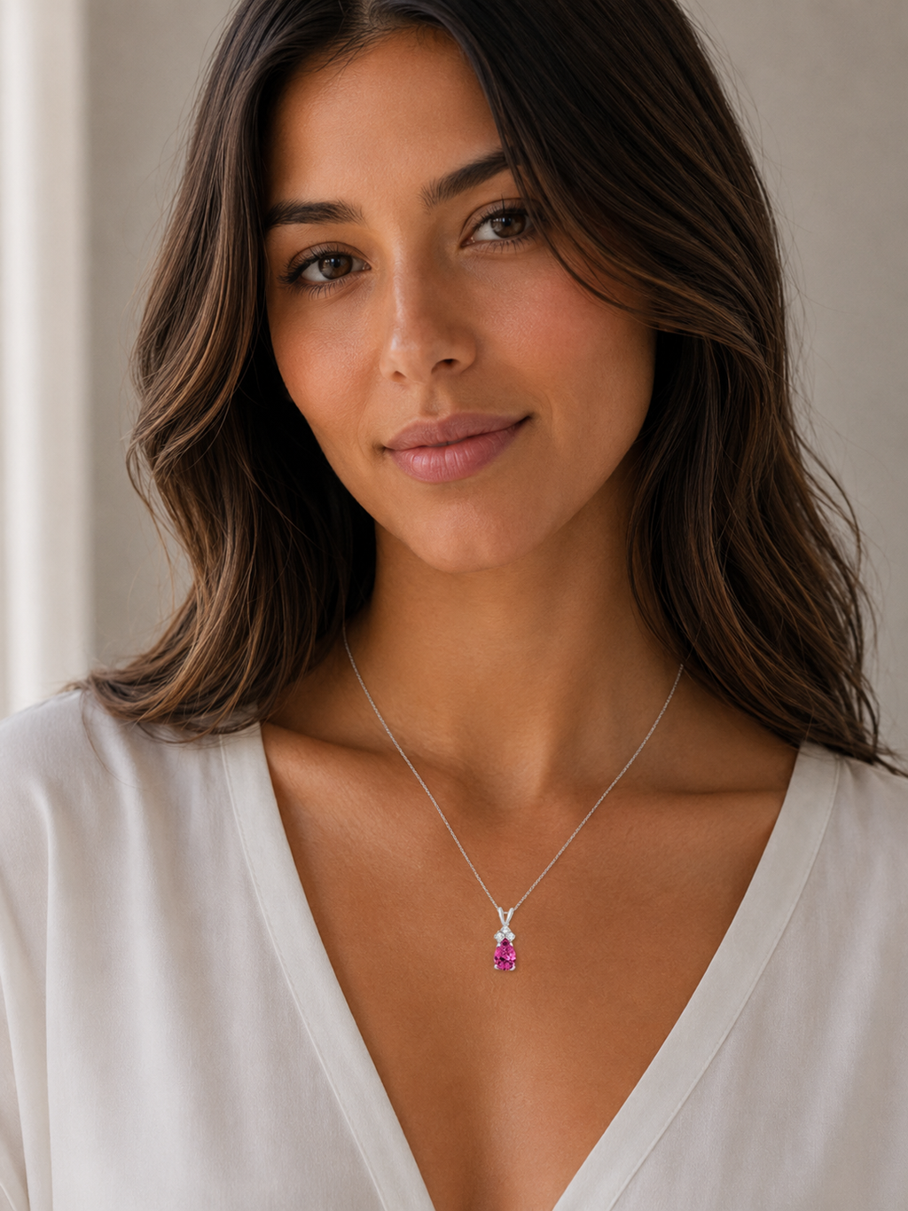 Pear Lab Pink Tourmaline & Lab Diamond Solitaire Pendant 14k White Gold (0.75ct)