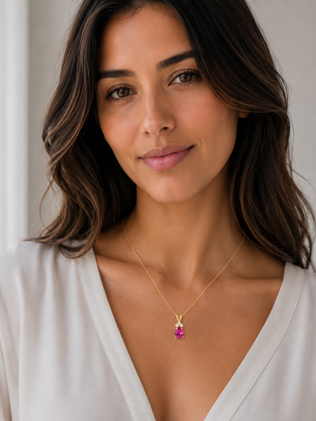 Pear Lab Pink Tourmaline & Lab Diamond Solitaire Pendant 14k Yellow Gold (0.75ct)