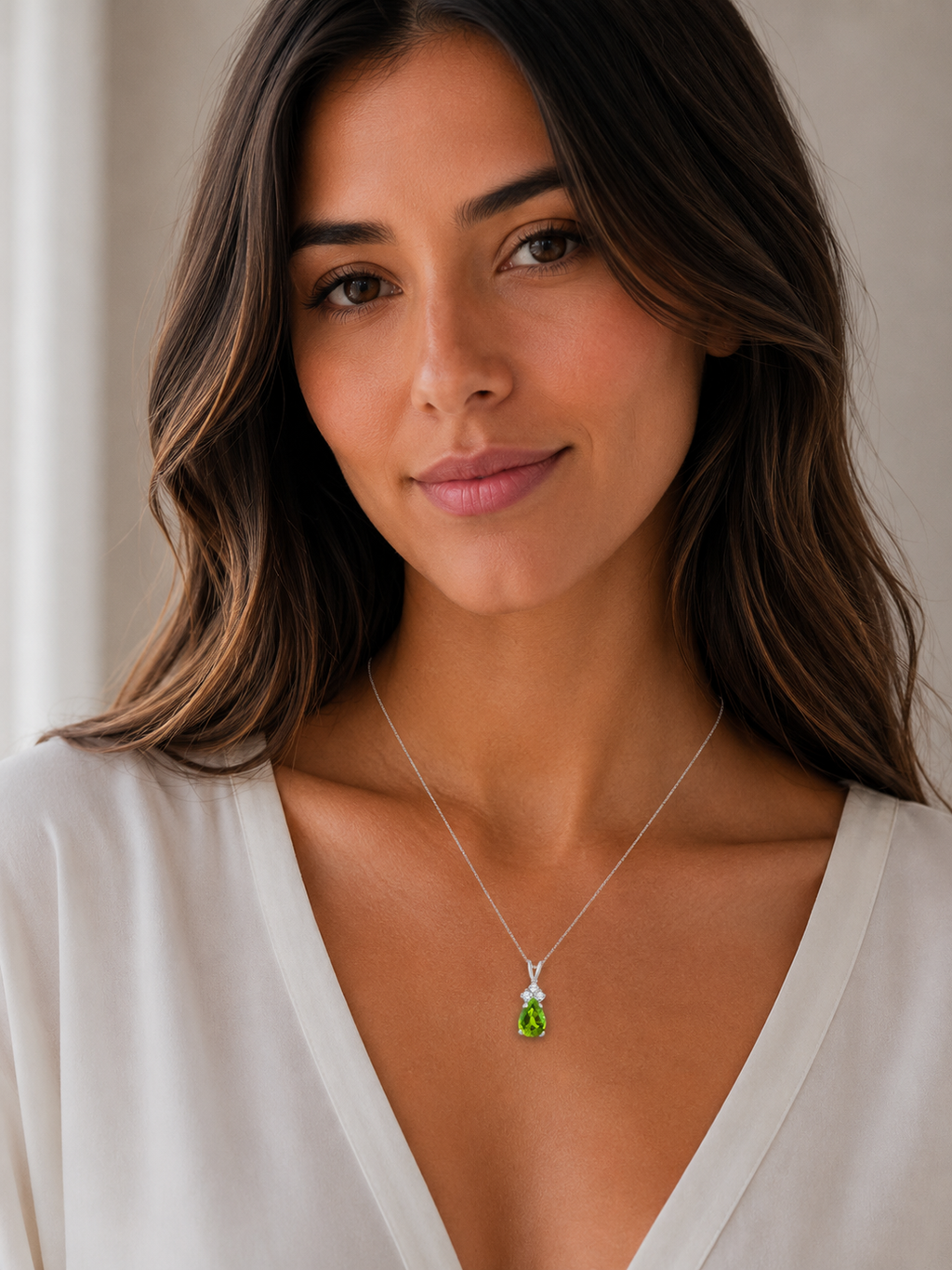 Pear Lab Peridot & Lab Diamond Solitaire Pendant 14k White Gold (0.75ct)