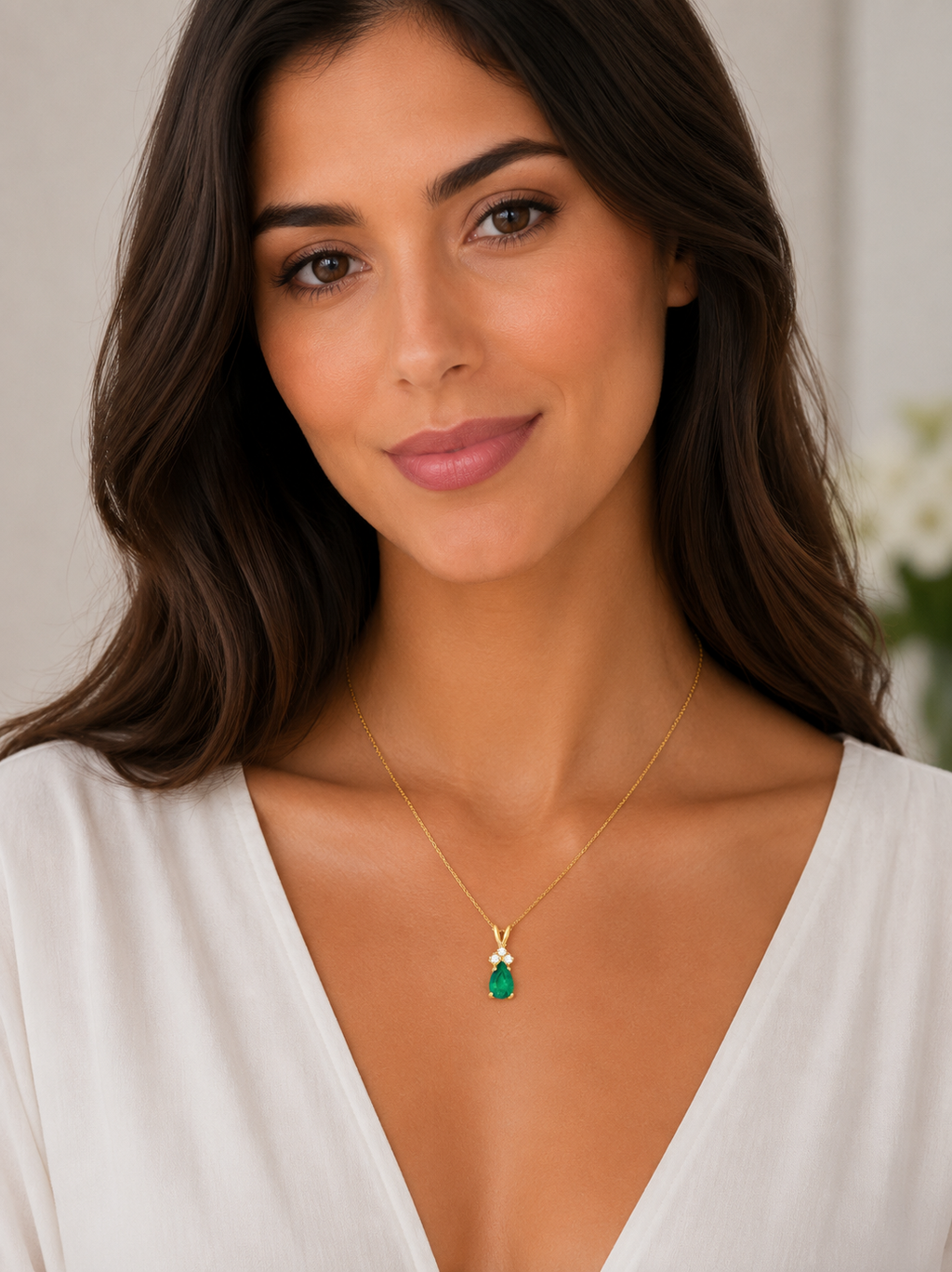 Pear Lab Emerald & Lab Diamond Solitaire Pendant 14k Yellow Gold (0.75ct)