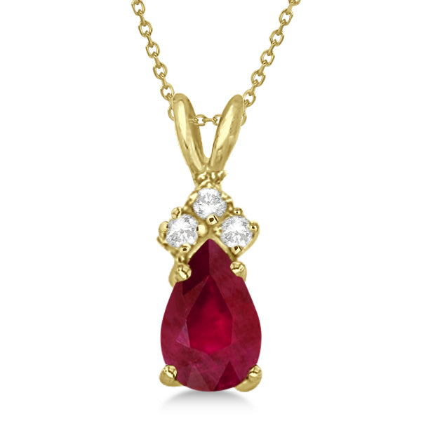 Pear Lab Ruby & Lab Diamond Solitaire Pendant Necklace 14k Yellow Gold (0.75ct)