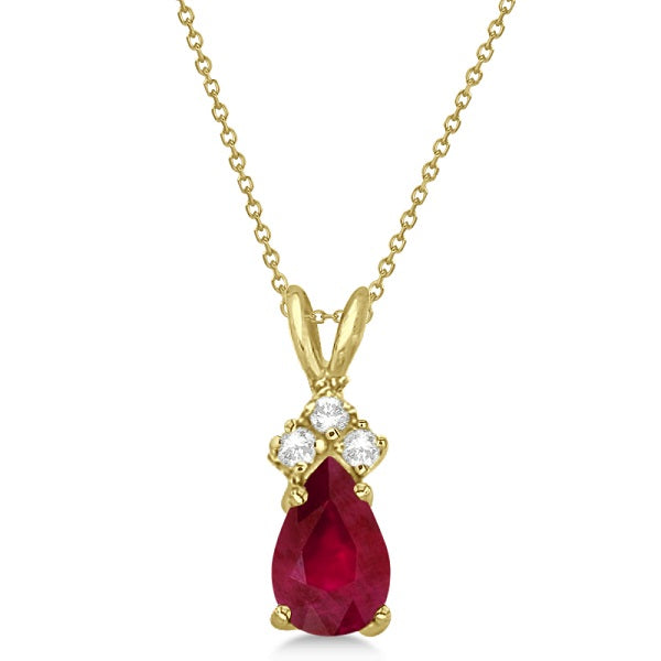 Pear Lab Ruby & Lab Diamond Solitaire Pendant Necklace 14k Yellow Gold (0.75ct)