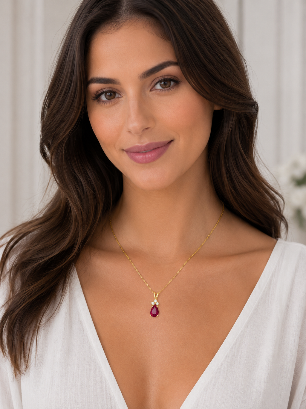 Pear Lab Ruby & Lab Diamond Solitaire Pendant Necklace 14k Yellow Gold (0.75ct)