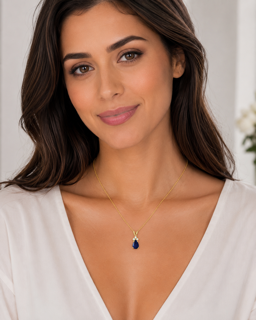 Pear Sapphire & Lab Diamond Solitaire Pendant 14k Yellow Gold (0.75ct)
