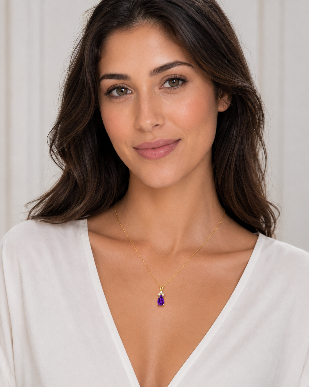 Pear Lab Amethyst & Lab Diamond Solitaire Pendant 14k Yellow Gold (0.75ct)