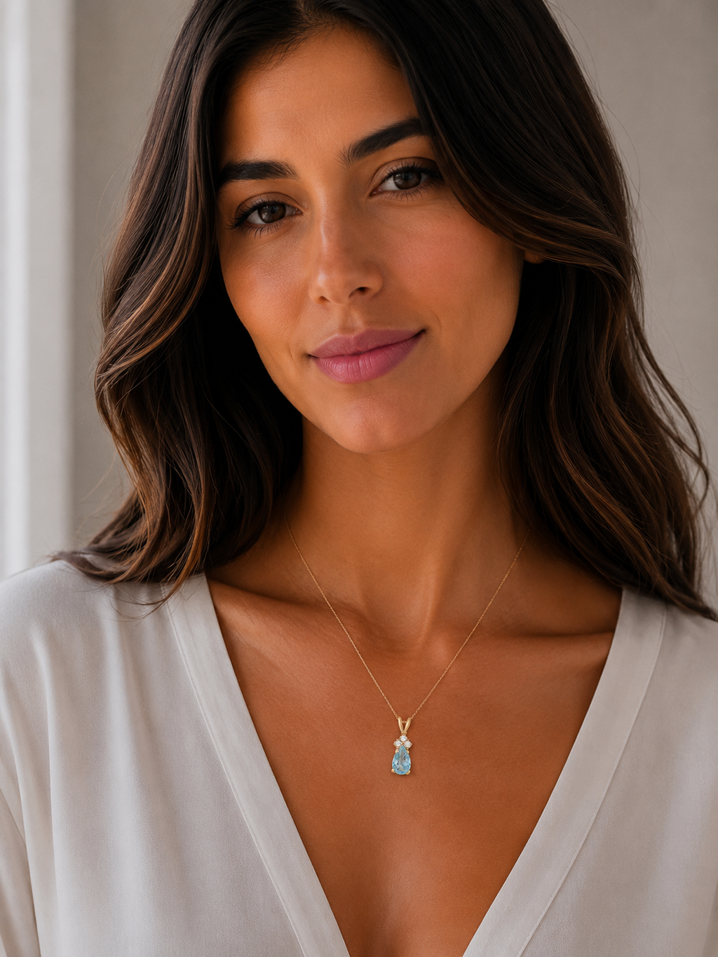 Pear Lab Aquamarine & Lab Diamond Solitaire Pendant 14k Yellow Gold (0.75ct)
