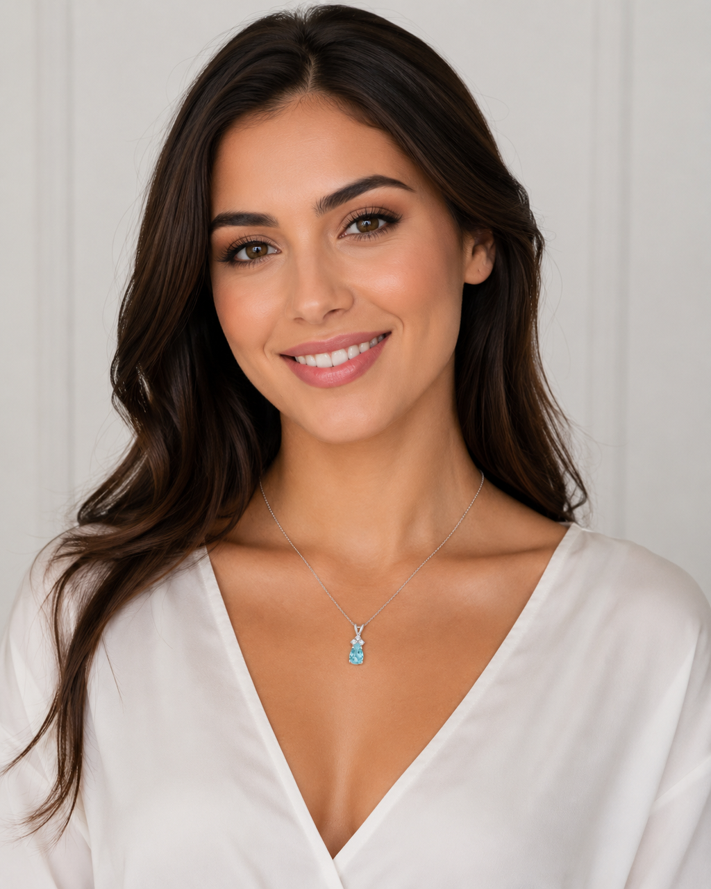 Pear Lab Aquamarine & Lab Diamond Solitaire Pendant 14k White Gold (0.75ct)