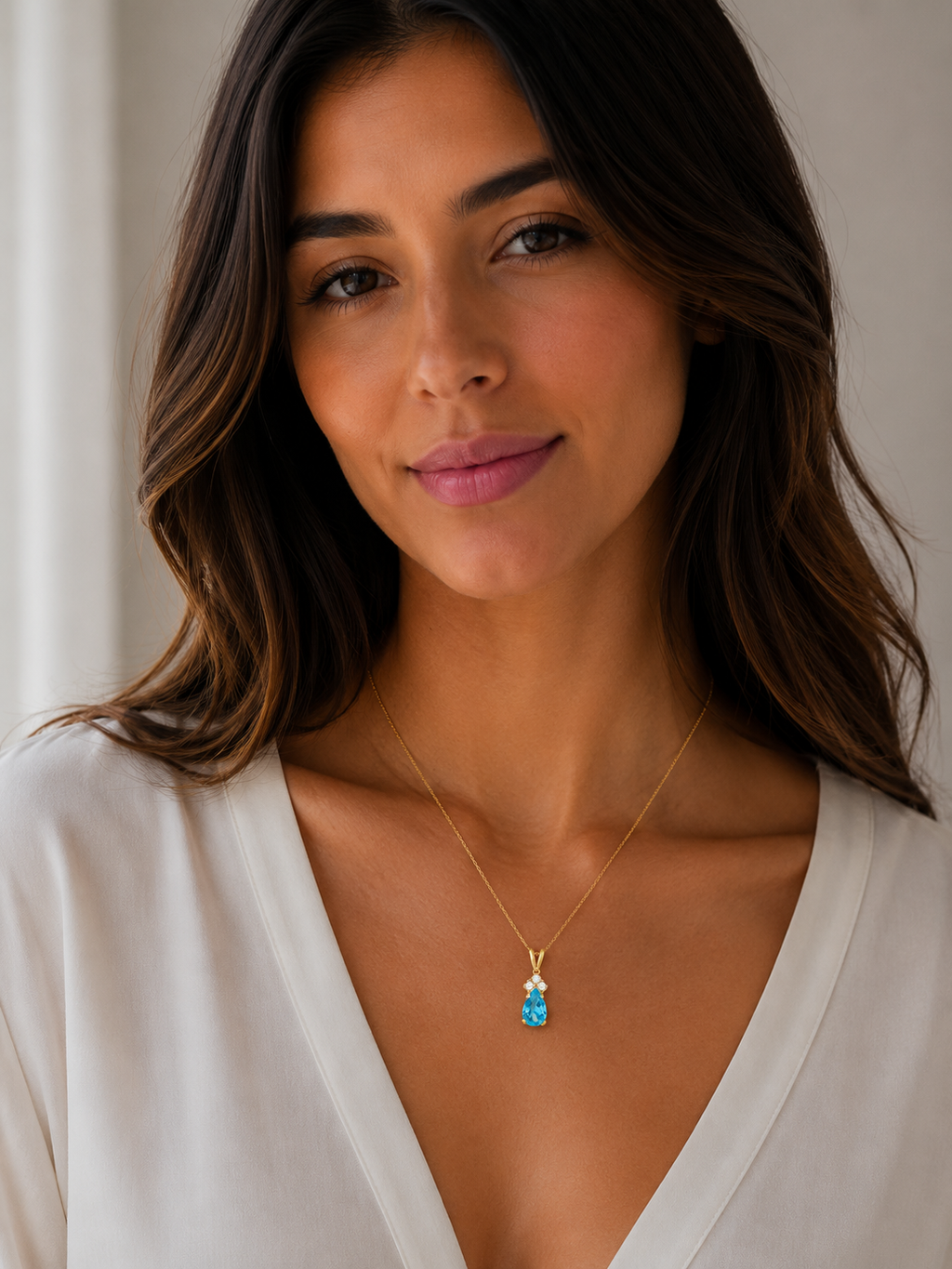Pear Lab Blue Topaz & Lab Diamond Solitaire Pendant 14k Yellow Gold (0.75ct)