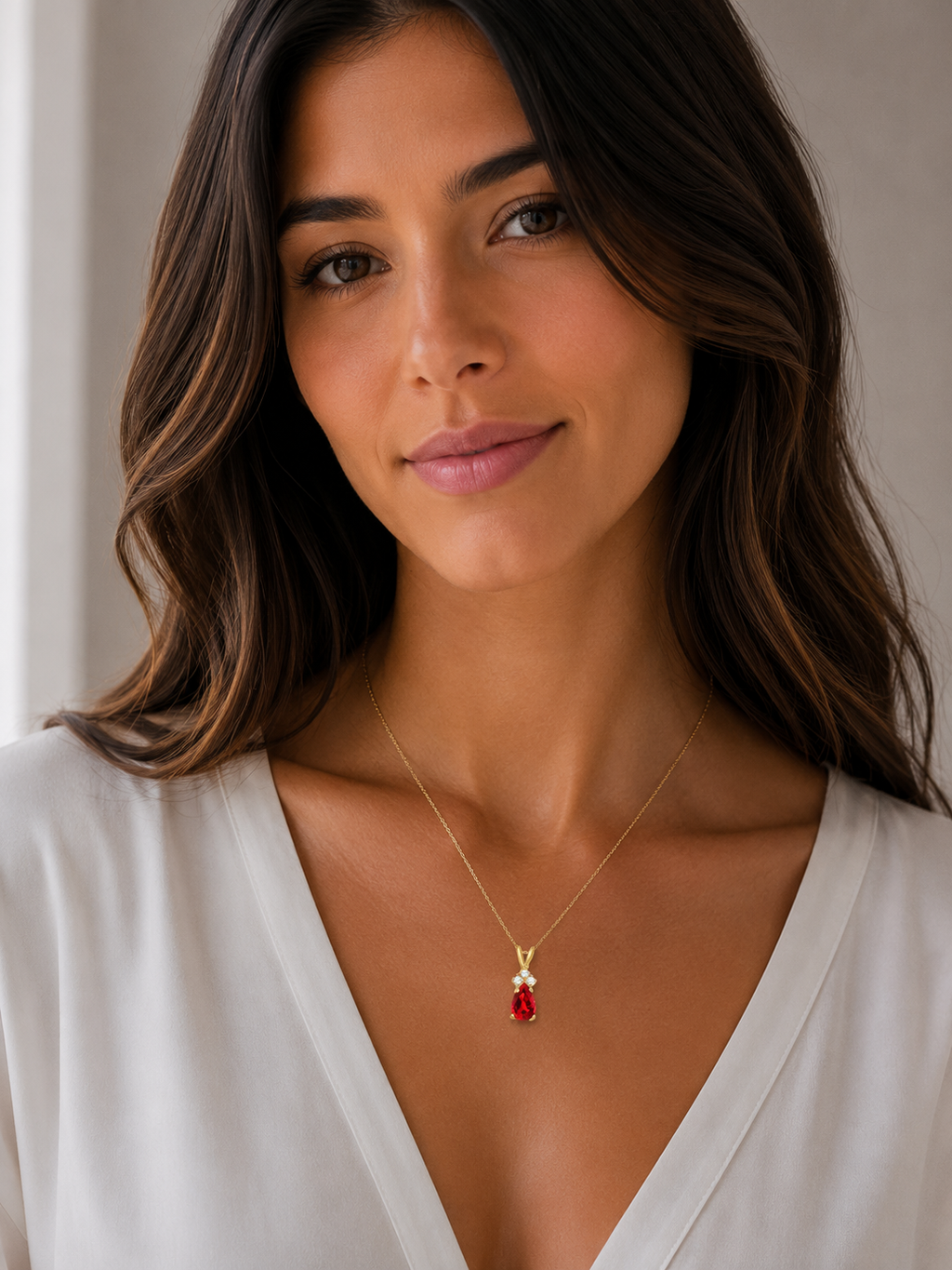Pear Lab Garnet & Lab Diamond Solitaire Pendant 14k Yellow Gold (0.75ct)