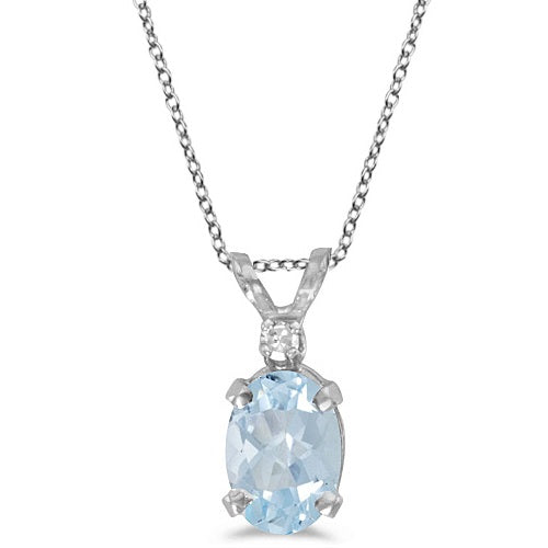 Oval Aquamarine & Diamond Solitaire Pendant 14K White Gold (0.75ct)