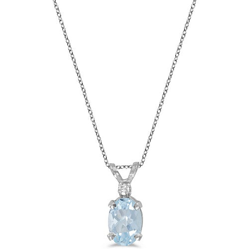 Oval Aquamarine & Diamond Solitaire Pendant 14K White Gold (0.75ct)
