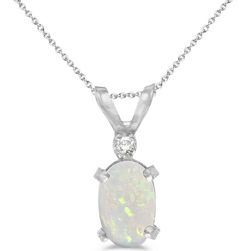 Oval Opal and Diamond Solitaire Pendant 14K White Gold (0.50ct)
