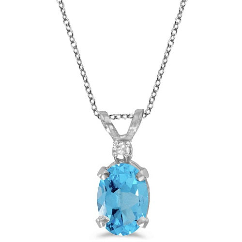 Oval Blue Topaz & Diamond Solitaire Pendant 14K White Gold (1.00ct)