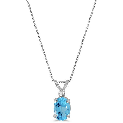 Oval Blue Topaz & Diamond Solitaire Pendant 14K White Gold (1.00ct)