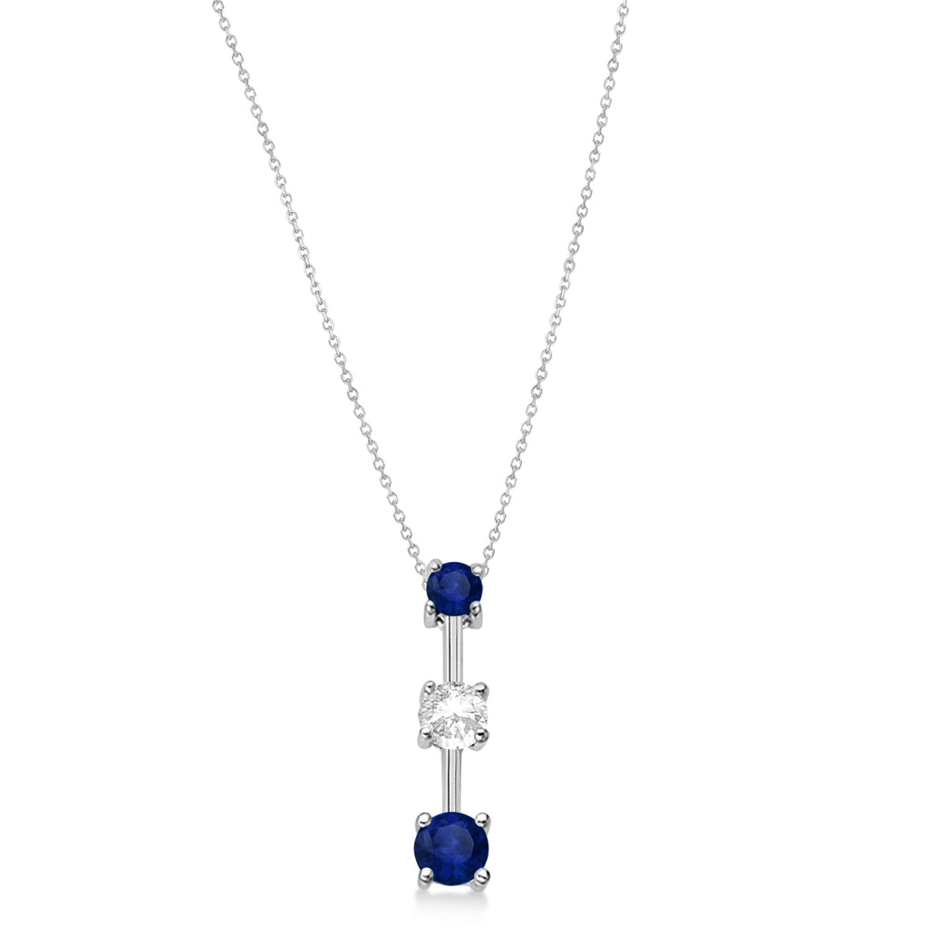 Lab Blue Sapphires & Lab Diamond Three-Stone Necklace 14k White Gold (0.25ct)