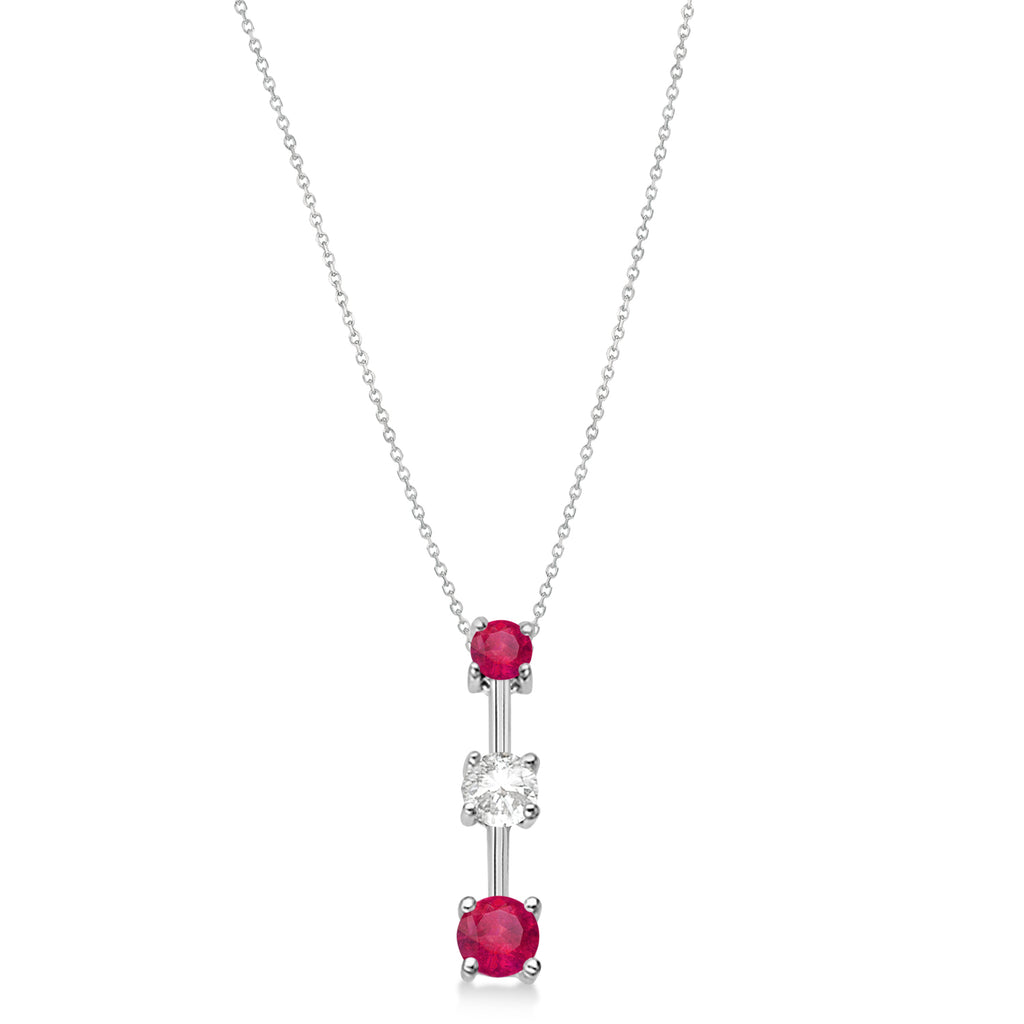 Rubies & Diamond Three-Stone Necklace 14k White Gold (1.00ct)