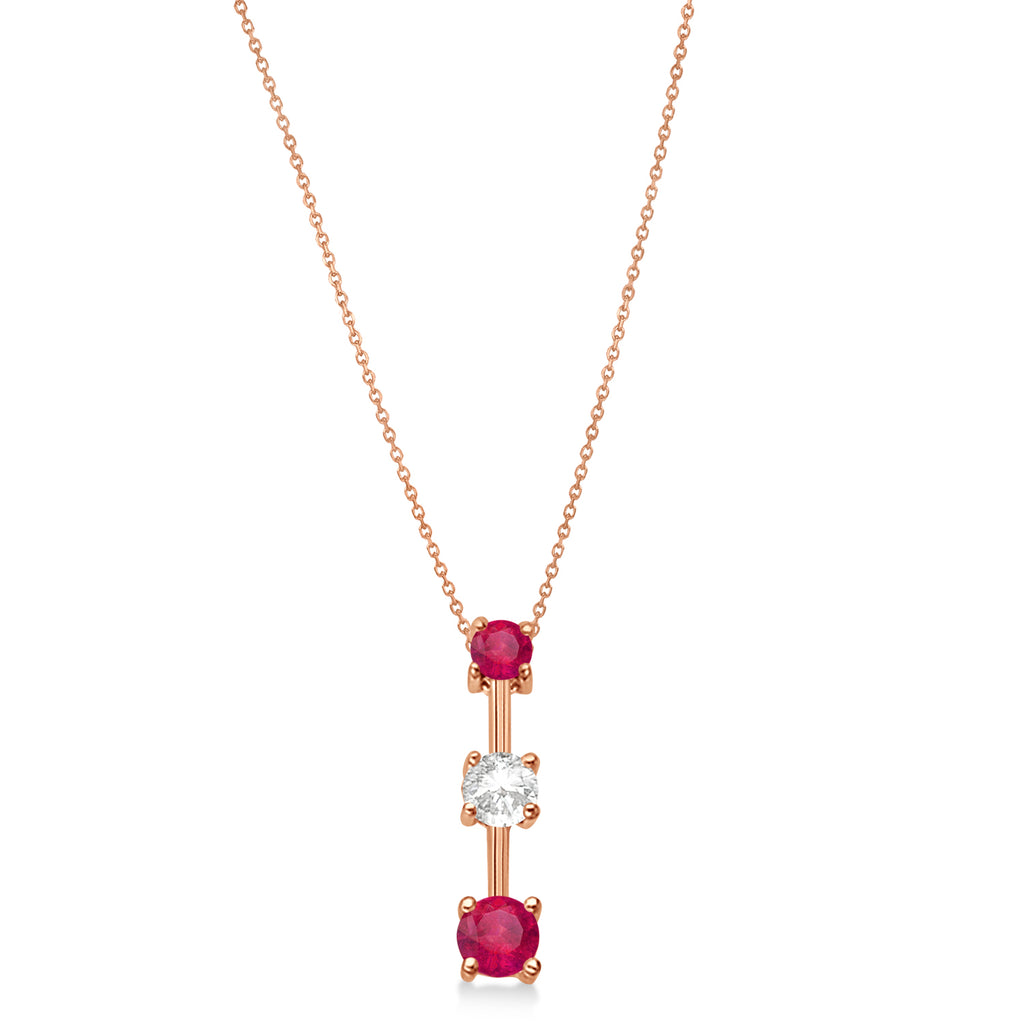 Rubies & Diamond Three-Stone Necklace 14k Rose Gold (0.25ct)