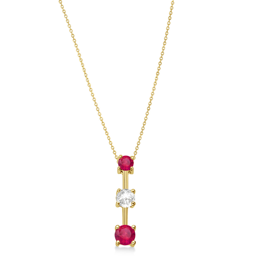 Lab Rubies & Lab Diamond Three-Stone Necklace 14k Yellow Gold (0.25ct)