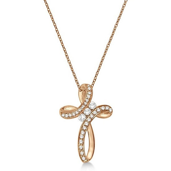 Lab Diamond Swirl Cross Pendant Necklace 14k Rose Gold (0.61ct)