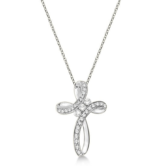 Lab Grown Diamond Swirl Cross Pendant Necklace 14k White Gold (0.61ct)