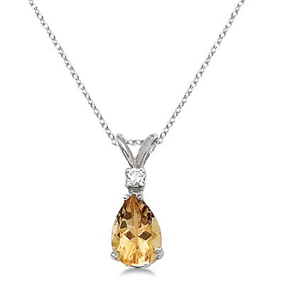 Pear Citrine and Diamond Solitaire Pendant Necklace 14k White Gold