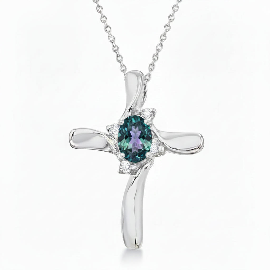 Lab Alexandrite & Diamond Cross Necklace Pendant 14k White Gold (0.50ct)