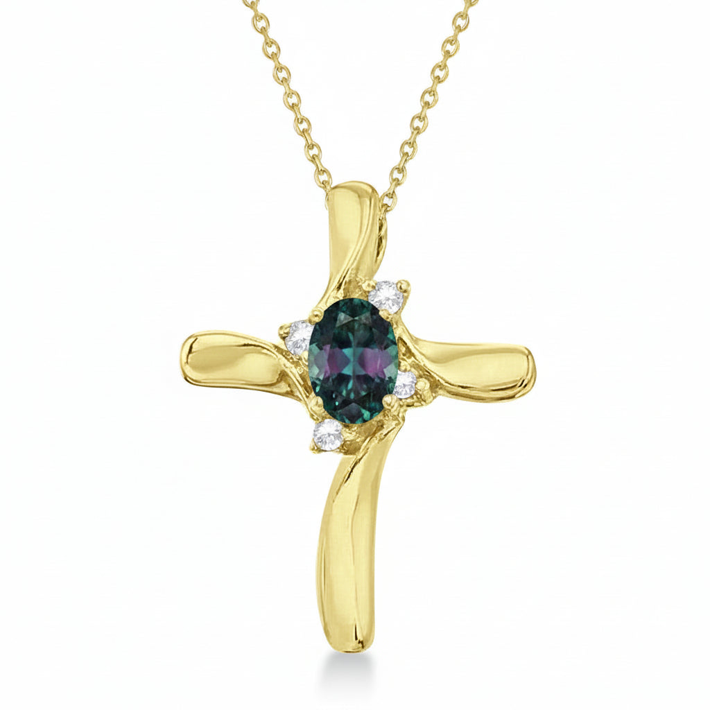 Lab Alexandrite & Diamond Cross Necklace Pendant 14k Yellow Gold (0.50ct)